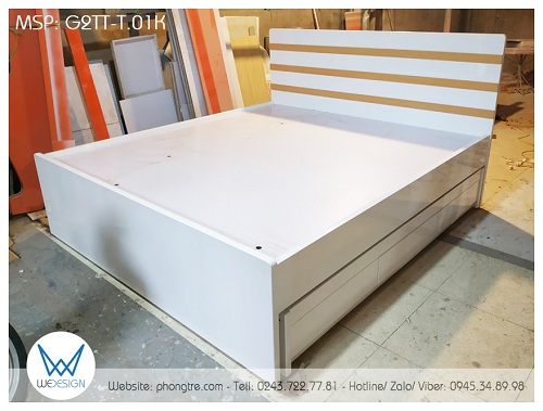 Giường tầng thấp đa năng G2TT-T.01K màu trắng trang trí nẹp vân gỗ tự nhiên