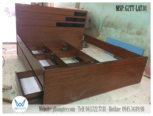 Kết cấu khung 2 tầng giường của giường tầng thấp 1m8 có 3 ngăn kéo gỗ Melamine vân lát phối đen MSP: G2TT-LAT.01
