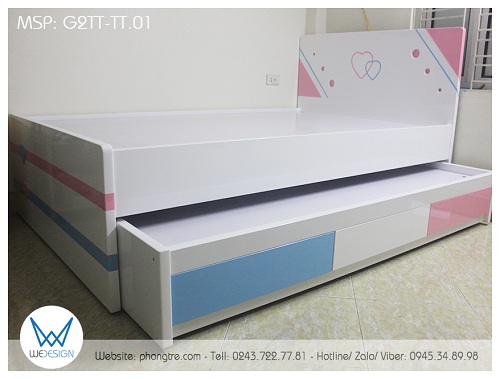 Giường tầng thấp trang trí trái tim G2TT-TT.01 với màu xanh da trời và màu hồng yêu thích của 2 bé gái