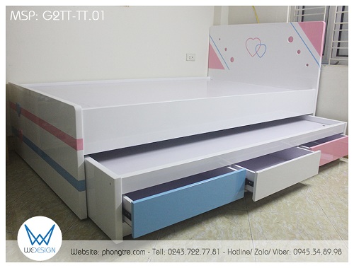 Giường tầng thấp thấp trang trí trái tim G2TT-TT.01 có kiểu dáng giường 2 tầng thấp 1m2 có 3 ngăn kéo
