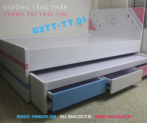 Giường tầng thấp trang trí trái tim G2TT-TT.01 với 2 sắc màu xanh da trời và màu hồng cho bé gái