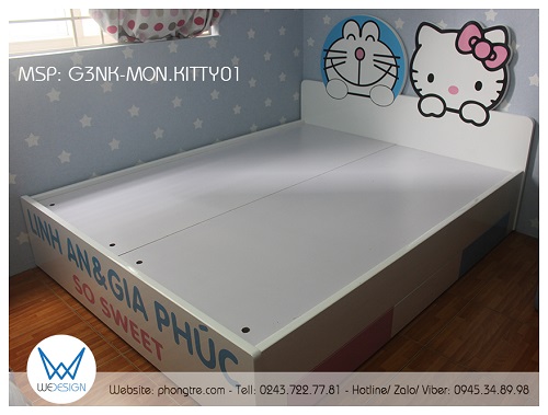 Giường 3 ngăn kéo Hello Kitty và Doraemon G3NK-KITTY.01 sử dụng dát phản gỗ MDF, có khoan lỗ nhấc dát