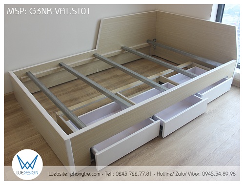 3 ngăn kéo của giường được làm ở 1 vế của thành giường và được làm hộp riêng