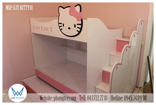 Giường 3 tầng Hello Kitty MSP: G3TT-KITTY.1 trang trí Mèo Kitty đeo nơ hồng và hình tròn