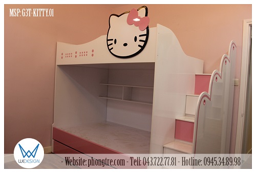 Giường 3 tầng Hello Kitty có 3 giường ngủ cho trẻ kích thước các giường rộng 1m2