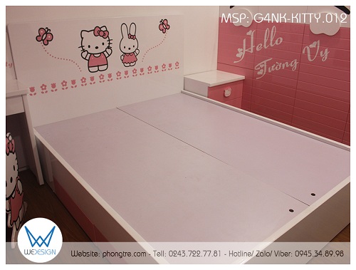 Giường 4 ngăn kéo Hello Kitty G4NK-KITTY.012 trang trí Mèo Hello Kitty và Thỏ Melody dạo chơi vườn hoa trên đầu cao giường