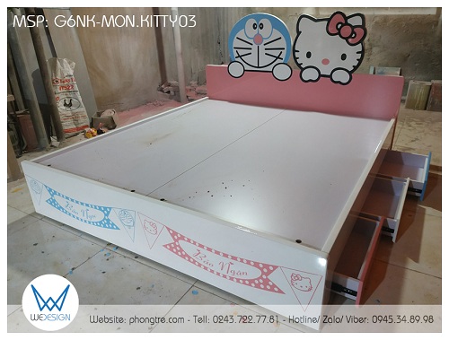 Giường 6 ngăn kéo Doraemon và Hello Kitty G6NK-MON.KITTY03 làm ngăn kéo ở 2 bên thành giường, mỗi bên có 3 ngăn kéo màu trắng, hồng, xanh