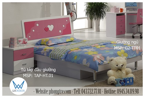 Mẫu thiết kế 3D giường ngủ trang trí trái tim G2-TT01 và tủ táp 2 ngăn kéo MSP: TAP-HT.01