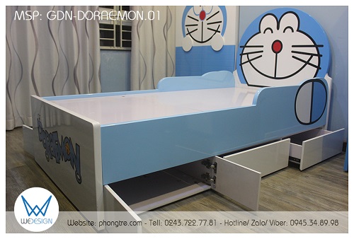 2 ngăn kéo và hộc tủ 2 cánh của giường đa năng Doraemon được nhìn từ phía cửa ra vào