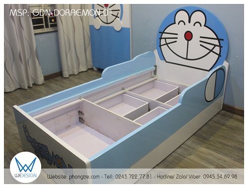 Kết cấu giường ngủ đa năng Doraemon GDN-DORAEMON.01 có thành chắn, 4 ngăn kéo và hộc kho để đồ