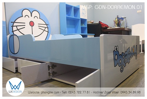 2 ngăn kéo và hộc tủ kho 2 cánh của giường đa năng Doraemon được nhìn từ phía góc phòng