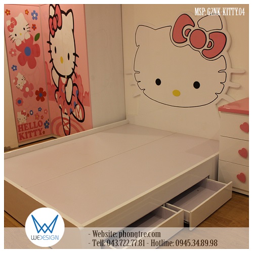 Giường Hello Kitty đeo nơ có 2 ngăn kéo G2NK-KITTY.04