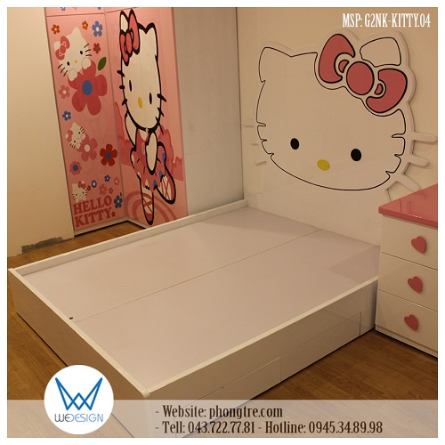 Giường Hello Kitty đeo nơ có 2 ngăn kéo MSP: G2NK-KITTY.04