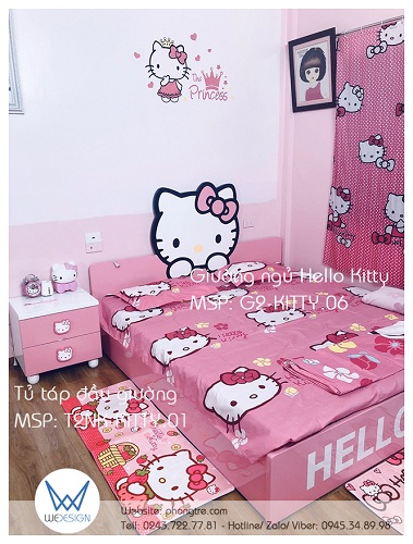 Góc ngủ Hello Kitty của 2 bé Ori và Ami bố trí giường ngủ Hello Kitty 1m8x2m và tủ táp 2 ngăn kéo Hello Kitty đầu giường