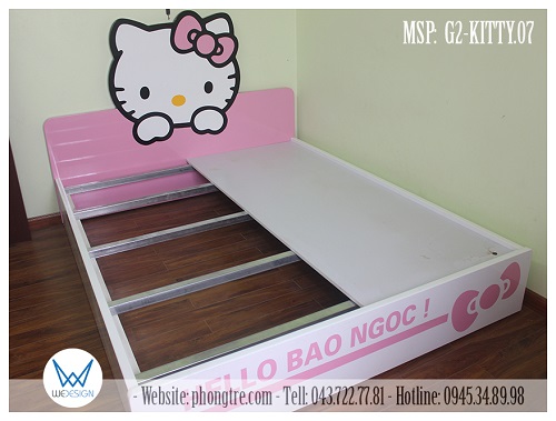 Giường Hello Kitty G2-KITTY.07 kích thước 1m6x2m, sử dụng 2 tấm dát, có khoan lỗ nhấc dát