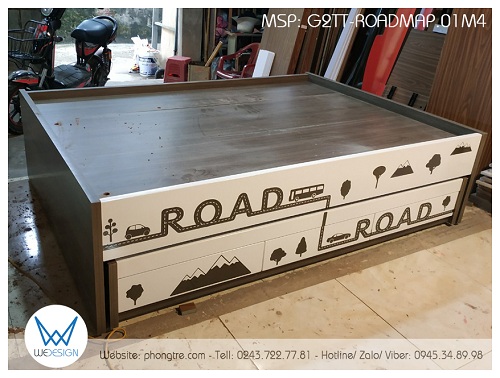 Giường hộp 2 tầng thấp đa năng G2TT-ROADMAP.01M4 sử dụng melamine vân gỗ tự nhiên phối gỗ MDF sơn trắng trang trí lộ trình ô tô 