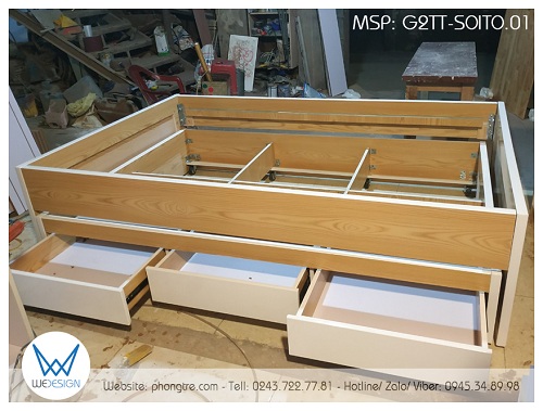 3 ngăn kéo được làm ở thành giường dưới, kích thước 45x60cm, sử dụng ray 3 tầng