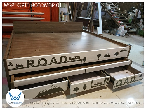 Ngăn kéo của giường tầng thấp G2TT-ROADMAP.01 sử dụng ray bi 3 tầng