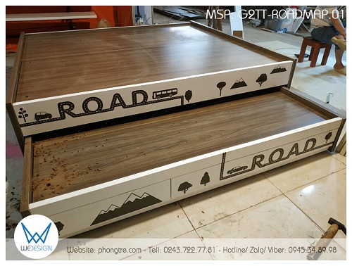 Giường hộp 2 tầng thấp G2TT-ROADMAP.01 sử dụng dát phản MDF dày 1.5cm, tráng melamine vân gỗ tự nhiên HHA286RM 2 mặt