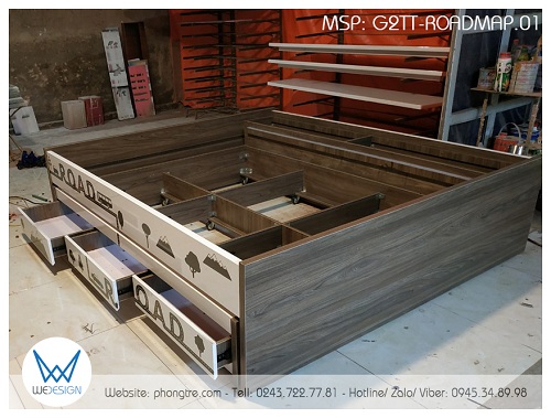Kết cấu giường hộp 2 tầng thấp đa năng G2TT-ROADMAP.01 có tủ kho 2 khoang và 3 ngăn kéo