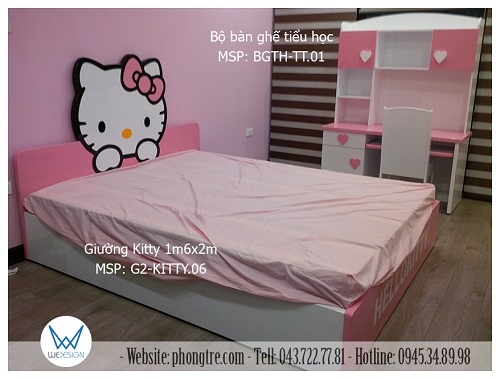 Giường ngủ Hello Kitty G2-KITTY.06 và bộ bàn ghế tiểu học trang trí trái tim BGTH.TT.01 của bé gái nhà anh Tuấn