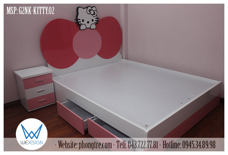 Giường Hello Kitty ôm nơ điệu đà MSP: G2NK-KITTY.02 có 2 ngăn kéo bên thành giường