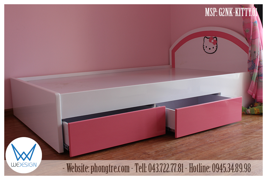 Giường ngủ MSP: G2NK-KITTY.01 có 2 ngăn kéo tiện ích trang trí Hello Kitty đeo nơ xinh xắn