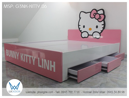 Giường ngủ có 3 ngăn kéo Hello Kitty kích thước 1m6x2m của bạn Linh có trang trí tên BUNNY KITTY LINH