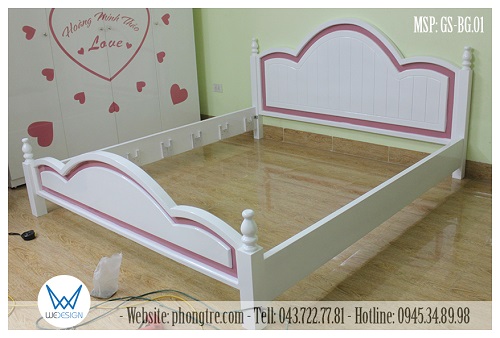 Giường ngủ gỗ sồi tự nhiên MSP: GTN-BG.01 sơn PU màu trắng - hồng
