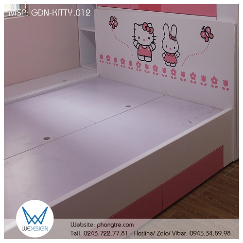 Giường ngủ đa năng GDN-KITTY.012 trang trí Hello Kitty và thỏ Melody dạo chơi vườn hoa với những chú bướm xinh dập dìu bay lượn xung quanh