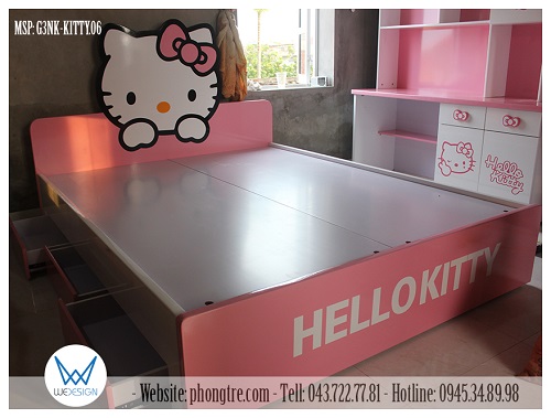 Giường ngủ Hello Kitty 1m6 có 3 ngăn kéo của 2 bé Hương và Su
