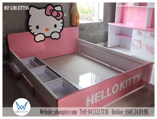 Kết cấu giường ngủ Hello Kitty có 3 ngăn kéo bên thành giường G3NK-KITTY.06