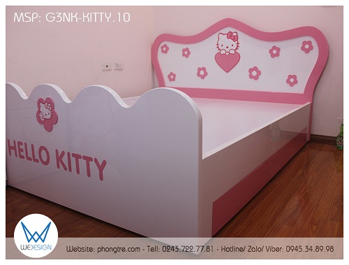 Giường ngủ Hello Kitty form dáng tân cổ điển có 3 ngăn kéo G3NK-KITTY.10 sử dụng dát phản làm bằng tấm MDF, dày 1.5cm, tráng melamine 2 mặt