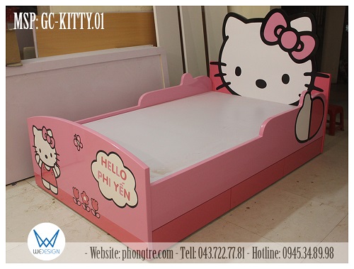 Giường Hello Kitty GC-KITTY.01 có ngăn kéo để đồ và thành chắn an toàn giấc ngủ cho bé yêu