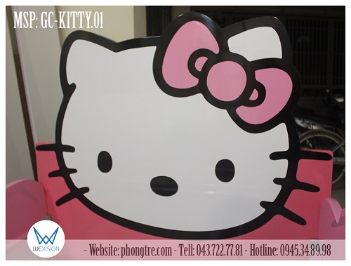 Đầu giường tạo hình Hello Kitty đeo nơ dễ thương có kích thước rộng 1m28, kích thước lớn tạo điểm nhấn không gian dễ thương cho phòng ngủ của bé