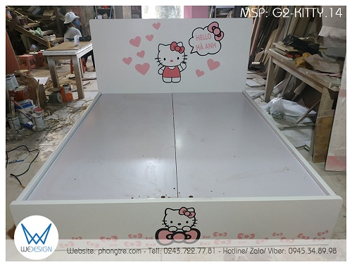 Giường ngủ Hello Kitty G2-KITTY.14 có kết cấu giường ngủ dát phản MDF dày 1.5cm, tráng Melamine 2 mặt