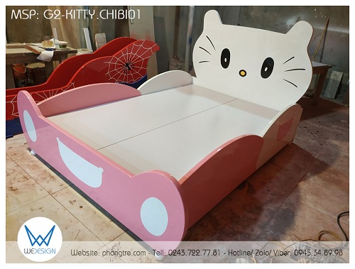 Giường ngủ có thành chắn Hello Kitty chibi G2-KITTY.CHIBI01 sử dụng dát phản bằng tấm MDF dày 1.5cm, tráng Melamine 2 mặt