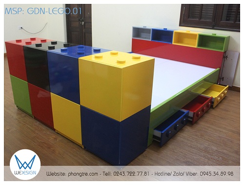 Giường ngủ Lego được tạo thành bởi các chi tiết màu sắc cùng các trang trí khớp nối tròn của miếng ghép Lego