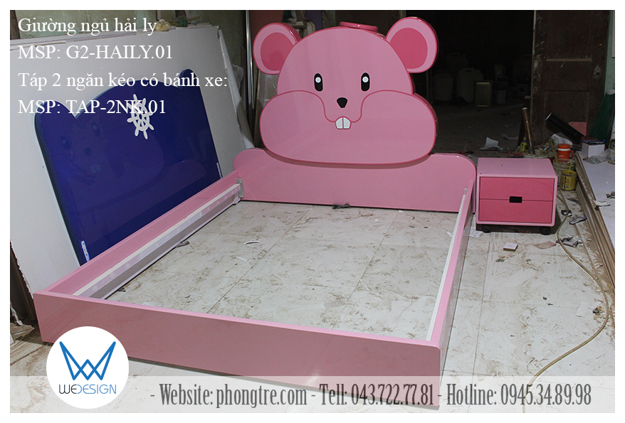 Giường ngủ trẻ em Hải ly màu hồng cùng táp 2 ngăn kéo có bánh xe MSP: TAP-2NK.01