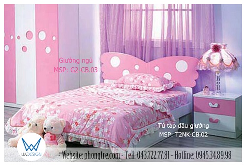 Mẫu thiết kế giường ngủ MSP: G2-CB.02 và tủ táp đầu giường MSP: T2NK-CB.02 trang trí chủ đề bướm xinh