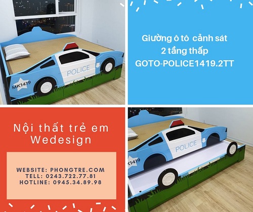 Giường ô tô cảnh sát 2 tầng thấp có 3 ngăn kéo GOTO-POLICE.2TT dành cho bé trai