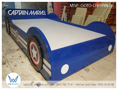 Giường ô tô Đội trưởng Mỹ Captain America GOTO-CAPTAIN.01 trang trí logo Avenger và Khiên chiến đấu với màu sắc chủ đạo là màu xanh dương