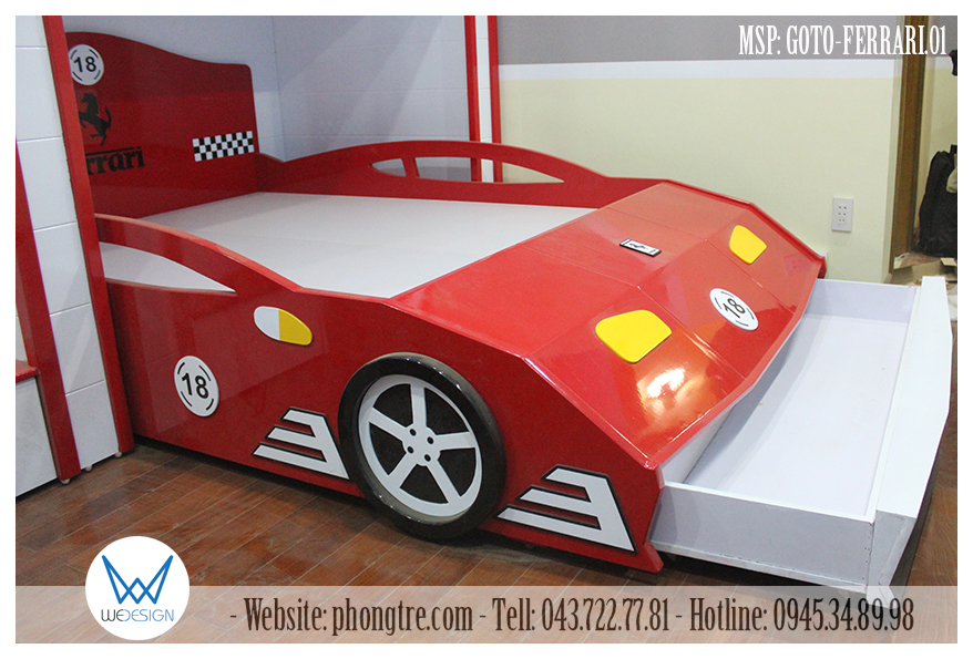 Tầng 1 của giường là giường ô tô Ferrari có ngăn kéo, kích thước 1m6x2m trong lòng giường