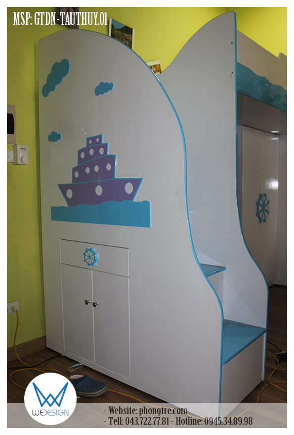 Cầu thang giường tầng đa năng MSP: GTDN-TAUTHUY.01 có tủ kho để đồ cho trẻ