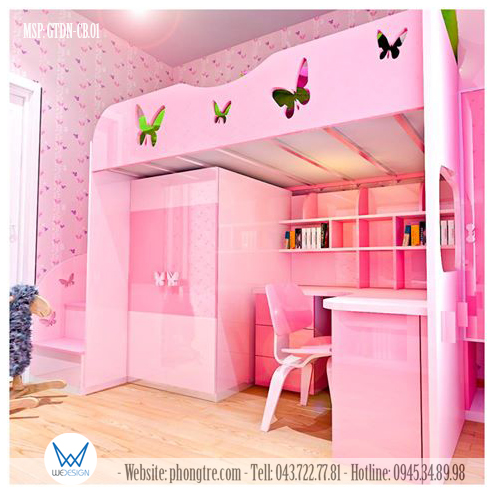 Mẫu thiết kế 3D giường tầng đa năng màu hồng trang trí cánh bướm xinh