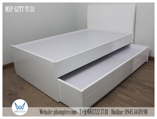 Giường 2 tầng thấp 1m2 đầu giường dáng cong có 3 ngăn kéo MSP: G2TT-TC.02 sử dụng dát phản