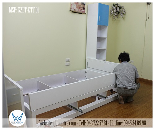 Kết cấu giường tầng thấp kiểu sofa có 3 ngăn kéo của hệ giường tầng thấp liền với kệ sách trang trí MSP: G2TT-KTT.01
