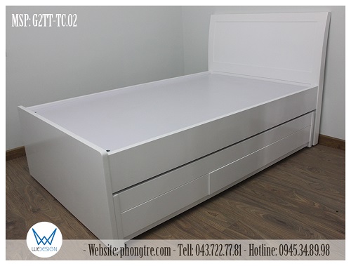 Giường tầng thấp MSP: G2TT-TC.02 có khe giữa 2 giường rất nhỏ, hệ bánh xe của giường tầng dưới được giấu trong hệ khung giường