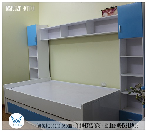 Giường 2 tầng thấp kiểu sofa có 3 ngăn kéo liền với kệ sách trang trí MSP: G2TT-KTT.01