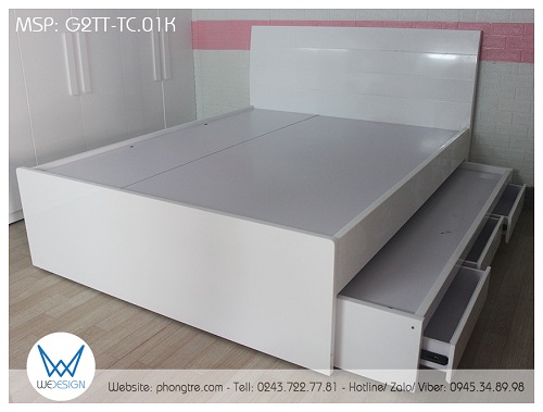 Giường 2 tầng thấp đa năng 1m6 và 1m màu trắng trang trí 2 đường soi ngang ở đầu cao giường